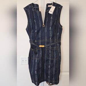 Tory Burch Dark Indigo Embroidered Denim Midi Dress with Gold Buckle